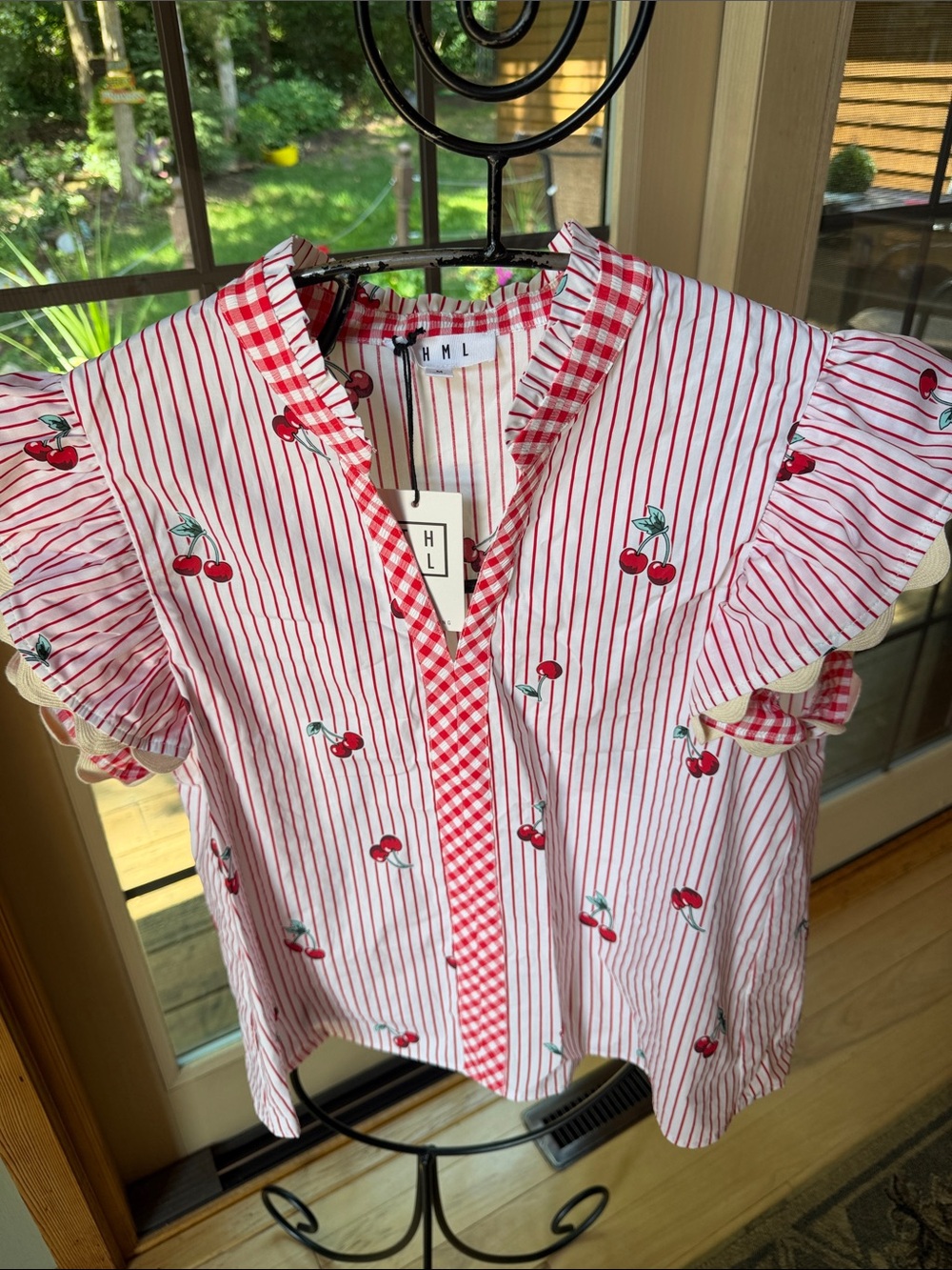 THML Red & White Cherry Stripe Ruffle Sleeve Red White Sz. M Blouse Tunic Top